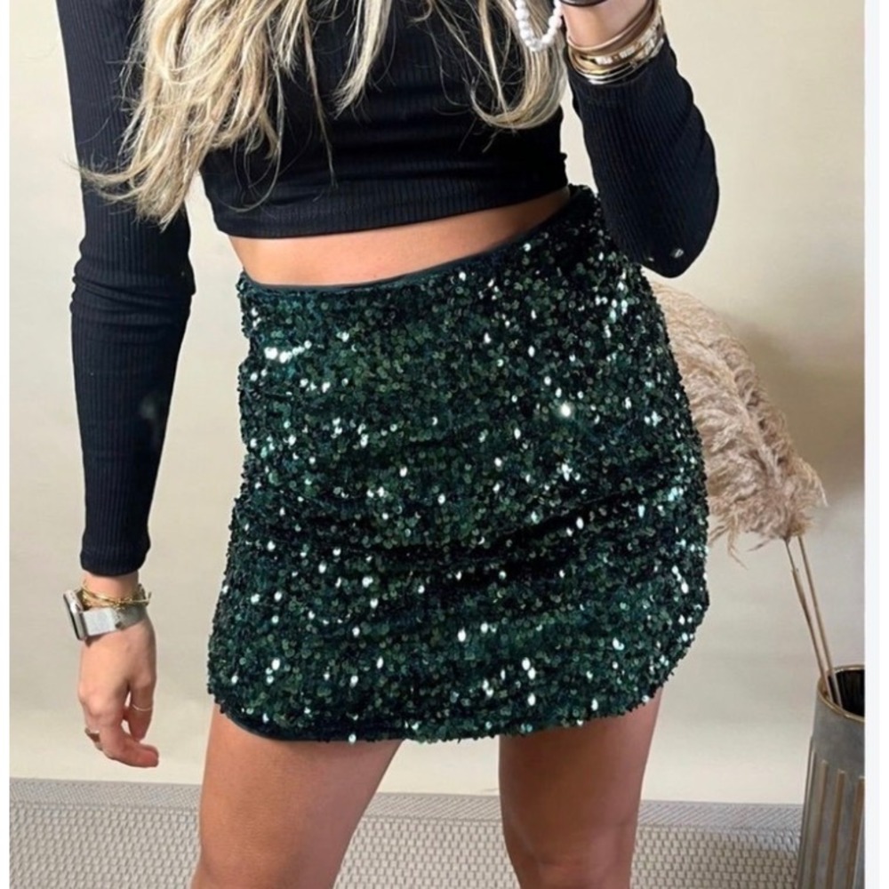 Evolutionary Sequin Mini Skirt Party Night Out Womens Medium Dark Green